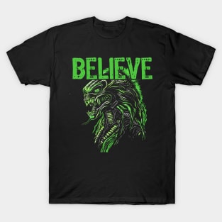 Believe Green 80s Alien Rocker - Extraterrestrial Rock Vibes T-Shirt